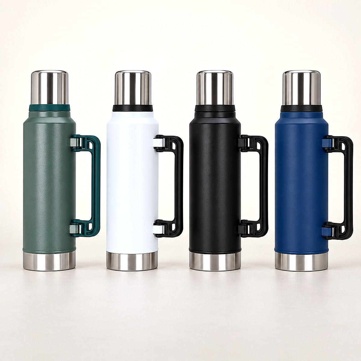Products Four colors of stainless steel thermos bottles with folding handles